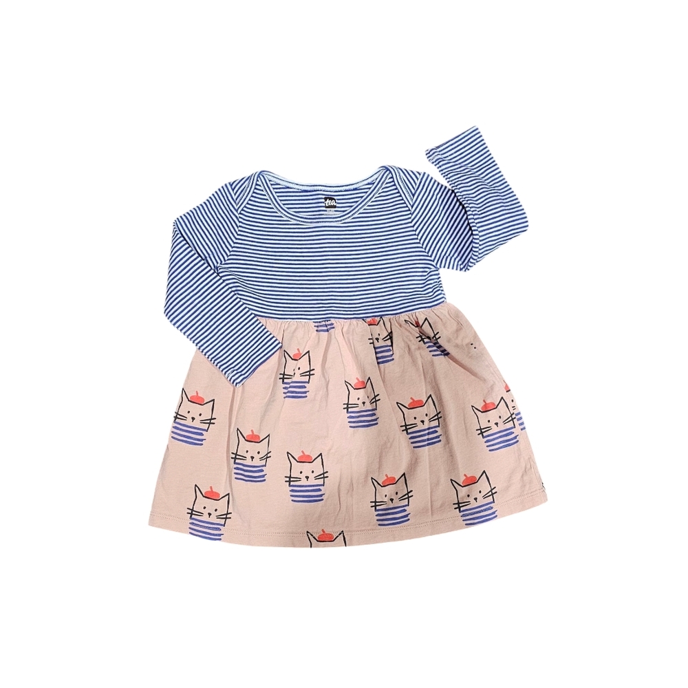 Tea Collection Striped Blue and Tan Cat Dress